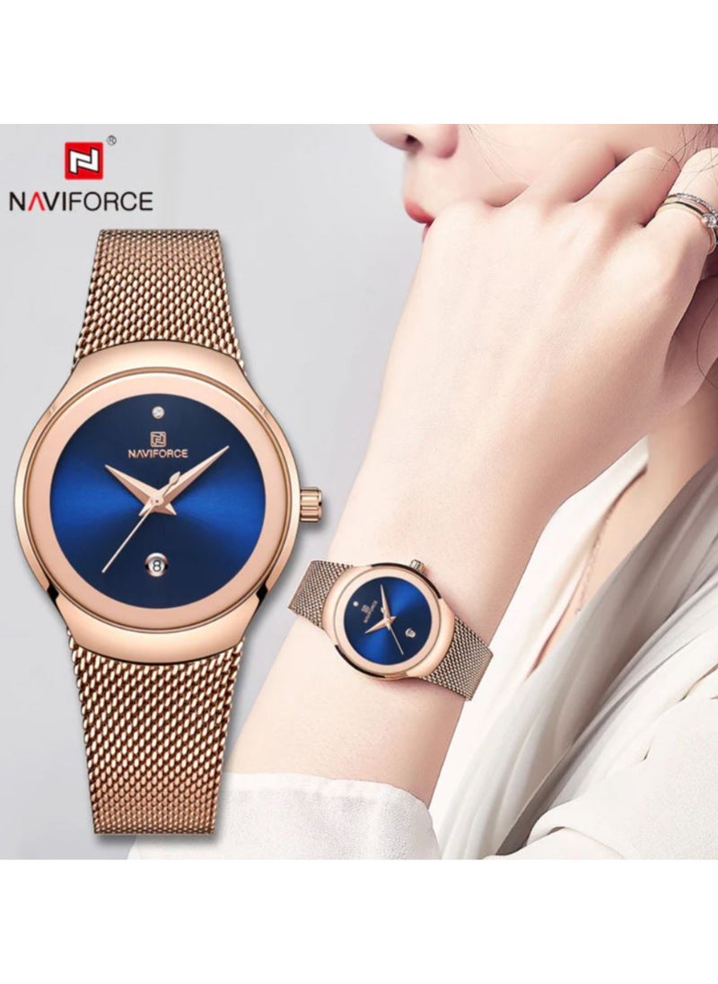 NAVIFORCE Stainless Steel Mesh Strap Elegant Design Quartz Wrist Watch with Date For Women NF5004 RG/BE  - Image 1