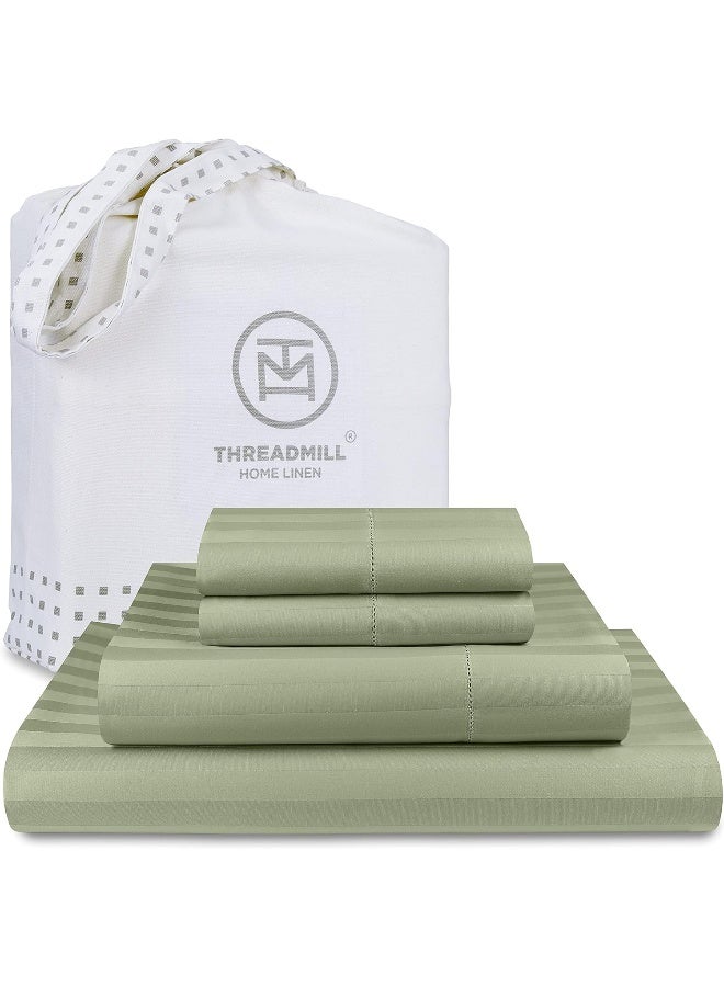 Threadmill Home Linen 500 Thread Count Queen Size Damask Stripe, 4 Pc Luxury Cotton Bedding Set, Silky Smooth Sage Green Sheets with 16" Elasticized Deep Pocket, 2 Pillowcases & Free Tote Bag  - Image 1
