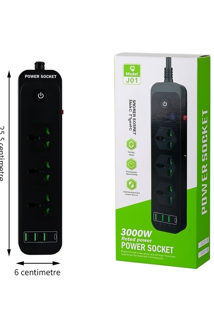 7 in 1 Universal Extension Cord - 3 Power Sockets & 3 USB Ports, 1 USB Type-C PD Charging Slot, On/Off Button, Multi-functional 3-Way Extension Lead for Home & Office, Power Strip with Child Security Door and Kids Protection, Smart Chip Inside and Anti Flaming Functionality (Black)