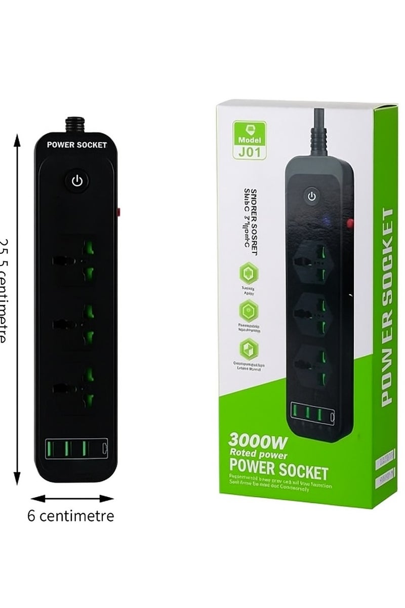 Trendify 7 in 1 Universal Extension Cord - 3 Power Sockets & 3 USB Ports, 1 USB Type-C PD Charging Slot, On/Off Button, Multi-functional 3-Way Extension Lead for Home & Office, Power Strip with Child Security Door and Kids Protection, Smart Chip Inside and Anti Flaming Functionality (Black)  - Image 1