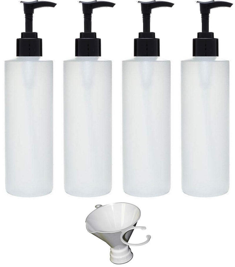 Earth's Essentials Four Pack of Refillable 8 Oz. HDPE Plastic Pump Bottles with Patented Screw On Funnel-Great for Dispensing Lotions, Shampoos and Massage Oils. - Image 1
