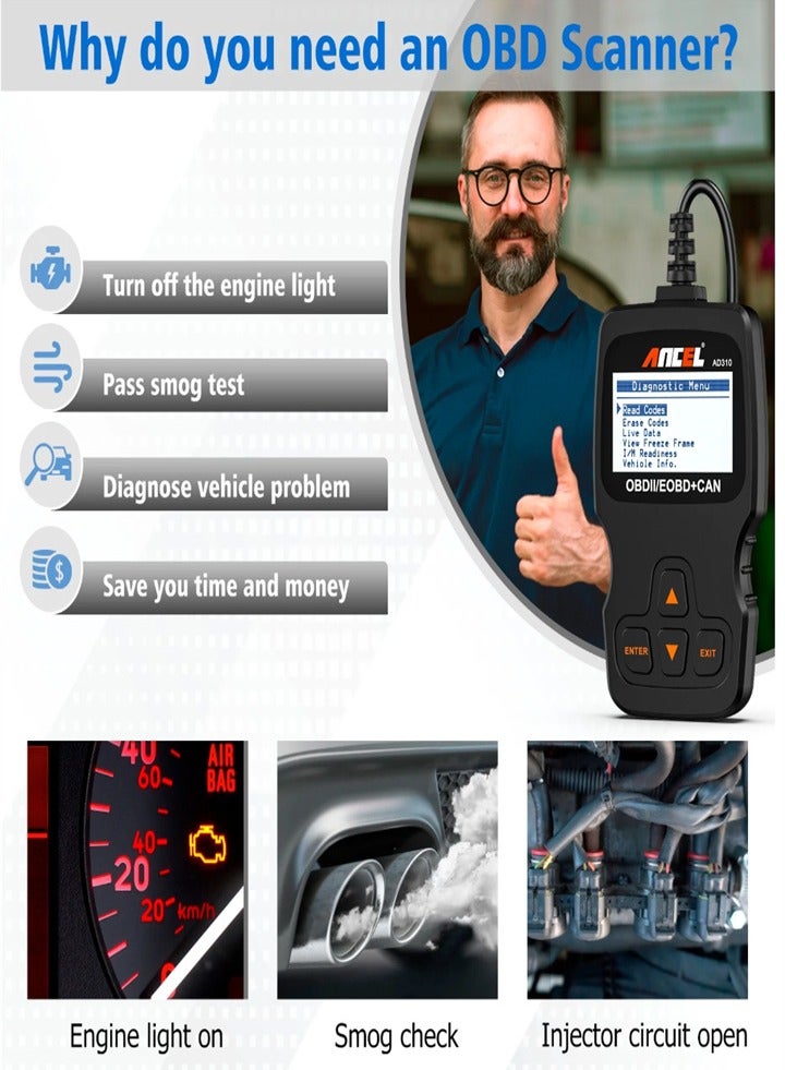 Generic AD310 Classic Enhanced Universal OBD II Scanner Car Engine Fault Code Reader Can Diagnose Scan Tool, Read and Clear Error Codes For 1996 or Newer OBD2 Protocol Vehicles (Black)  - Image 2