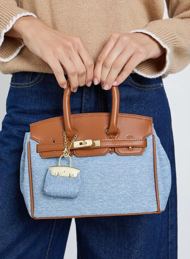 Styli Blue Denim Satchel Handbag with Brown Accents