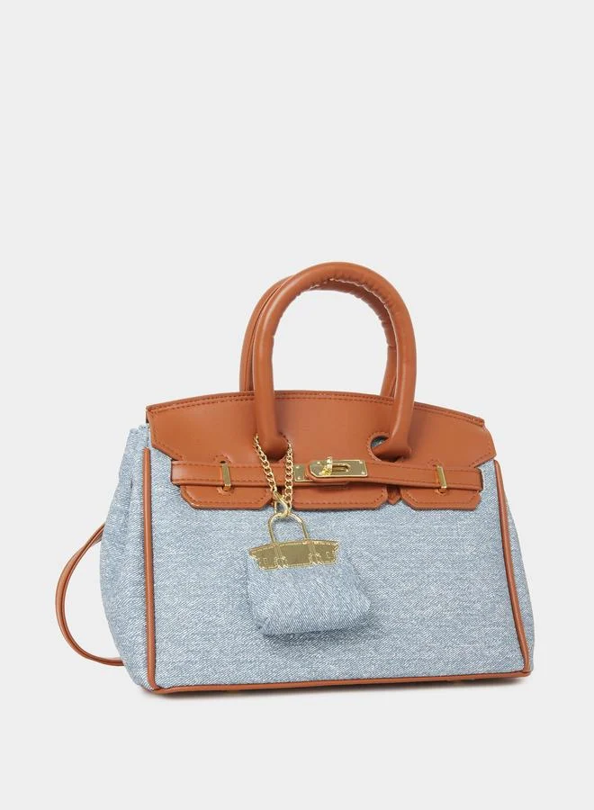 Styli Blue Denim Satchel Handbag with Brown Accents