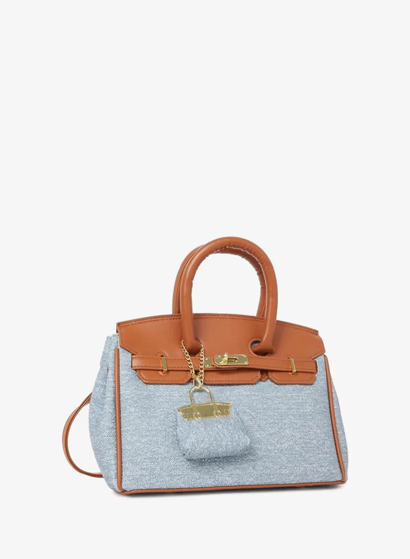 ستايلي Blue Denim Satchel Handbag with Brown Accents