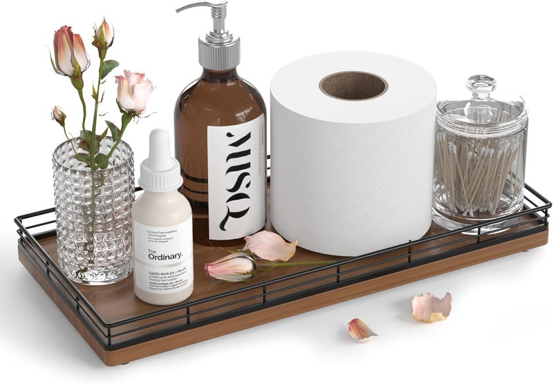 Focusonit Oak Bathroom Toilet Tank Tray, 13" Wood Back of Toilet Paper Storage Tank Topper Basket, Vanity Tray for Perfume Makeup Candle Toiletry Organizer for Kitchen Coffee Table Walnut Tray Decor - Image 5