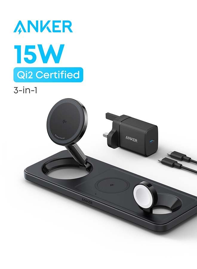 شاحن ماغسيف متوافق، محطة شحن لاسلكية قابلة للطي 3 في 1، شاحن فائق السرعة 15 واط معتمد من Qi2، لجهاز آيفون 17، آيربودز، ساعة آبل الترا (شاحن وكابل USB C متضمن) - Image 1