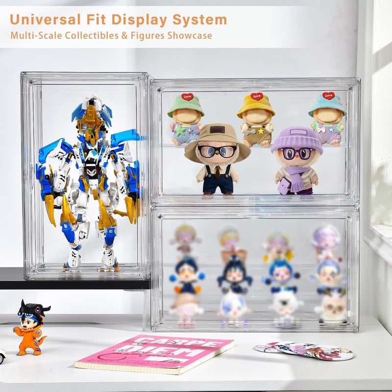 Freebat Clear Acrylic Display Case for Collectibles - 3-Tier Adjustable Figure Display with Magnetic Door & Removable Shelves,Stackable Dispaly Box for Figures - 2 Pack - Image 2