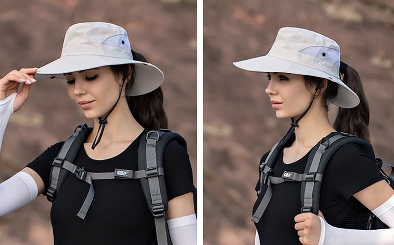 Pogah Women's Summer Sun-Hat Ponytail - Outdoor UV-Protection Mesh Wide Brim Foldable Hat with Ponytail Hole (Beige, 7 1/4) - Image 4