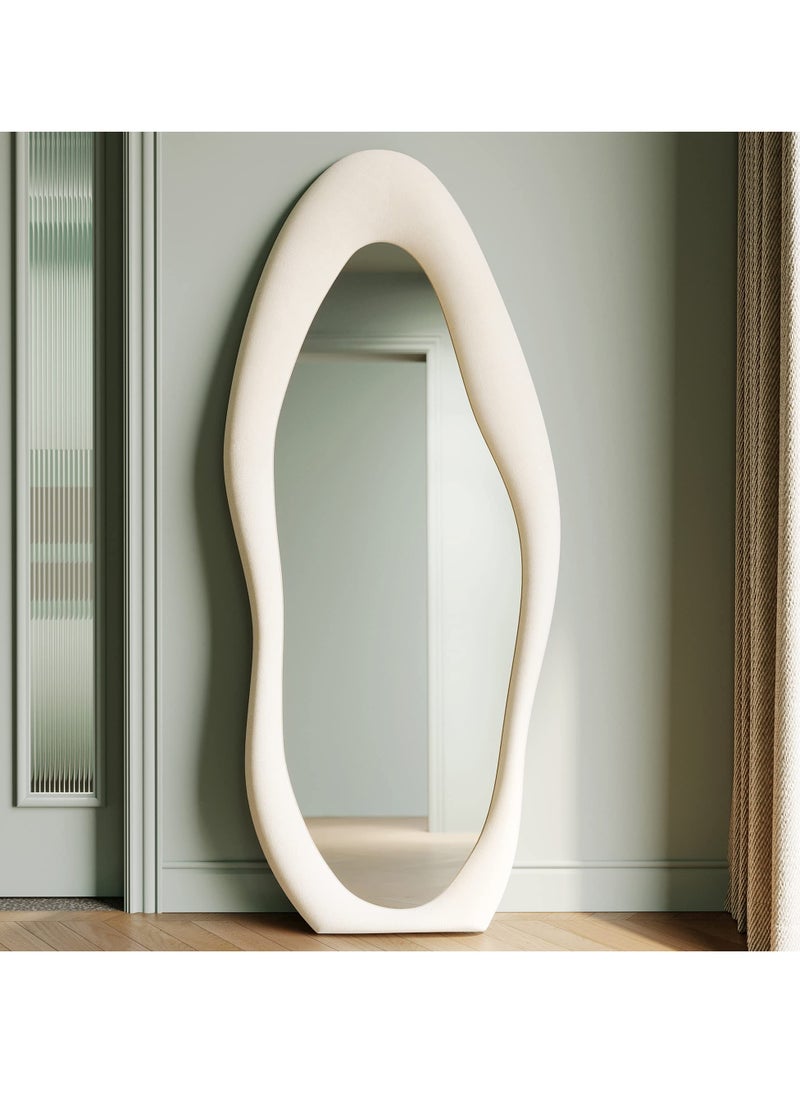 Hihonor Full Length Mirror, 63" X 24" Wall Mirror Flannel Wrapped Wooden Frame Full Body Mirror Irregular Wavy Mirror Hanging Or Leaning Against Wall For Cloakroom Bedroom Living Room - White  - Image 1