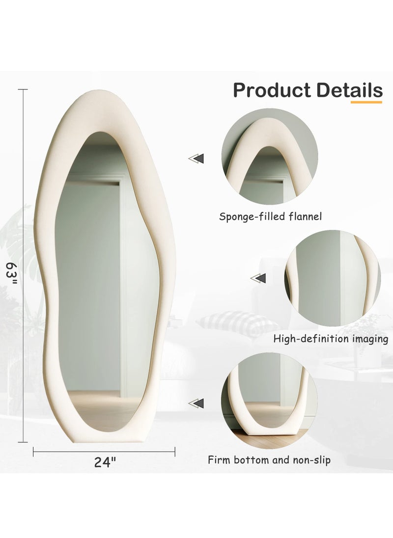 Hihonor Full Length Mirror, 63" X 24" Wall Mirror Flannel Wrapped Wooden Frame Full Body Mirror Irregular Wavy Mirror Hanging Or Leaning Against Wall For Cloakroom Bedroom Living Room - White  - Image 5