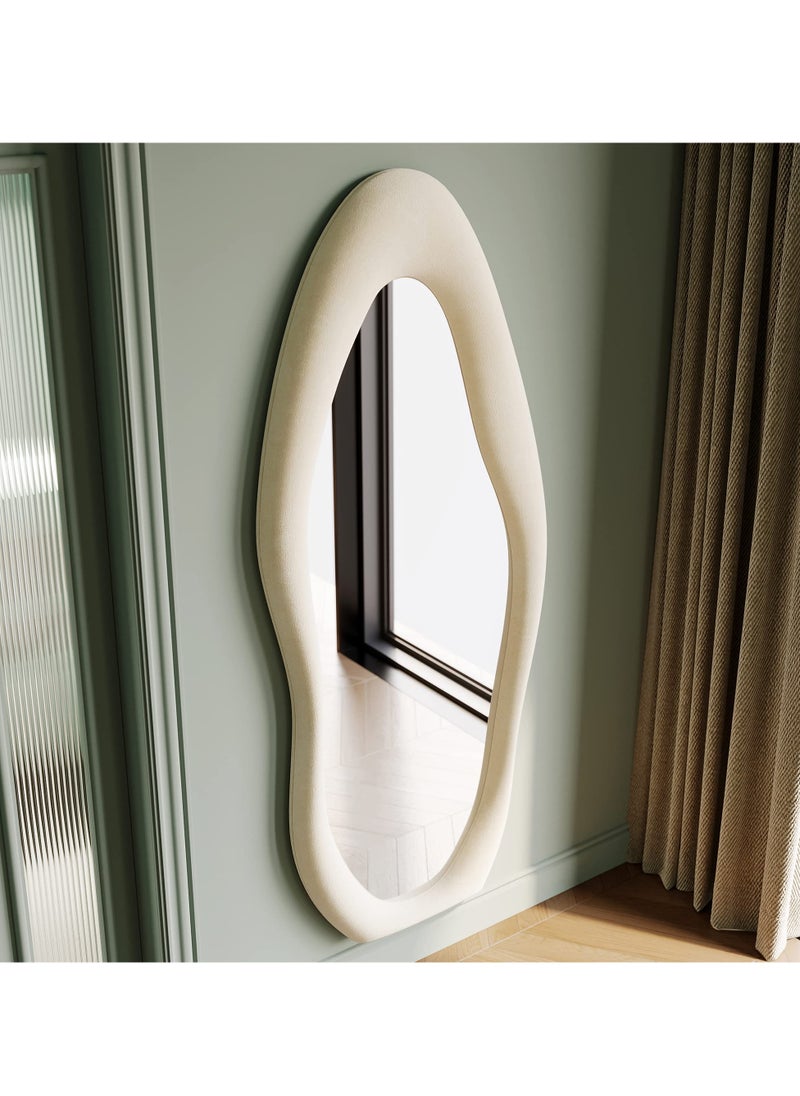 Hihonor Full Length Mirror, 63" X 24" Wall Mirror Flannel Wrapped Wooden Frame Full Body Mirror Irregular Wavy Mirror Hanging Or Leaning Against Wall For Cloakroom Bedroom Living Room - White  - Image 3