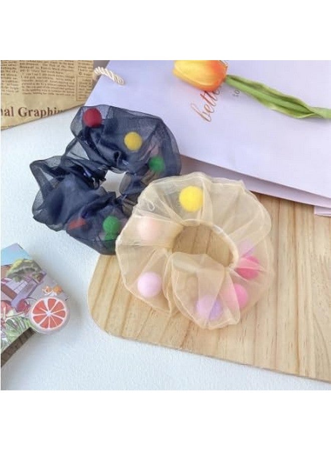 Honbon Beautiful Rainbow Color Pom Pom Filled Non Slip Hair Scrunchie Cute Hair Styling Accassory for Thick Thin Hair(Pack of 2pcs) Stretchy RubberBand - Image 1