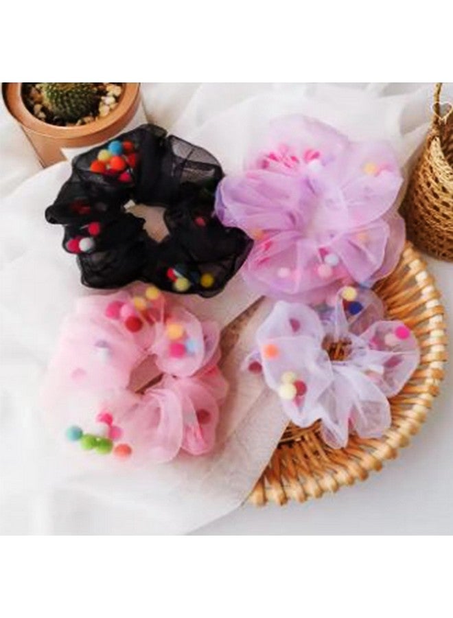 Honbon Beautiful Rainbow Color Pom Pom Filled Non Slip Hair Scrunchie Cute Hair Styling Accassory for Thick Thin Hair(Pack of 2pcs) Stretchy RubberBand - Image 4