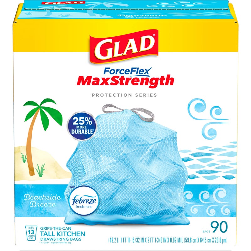 Glad Tall Kitchen Trash Bags 13 Gallon, MaxStrength Beachside Breeze Garbage Bags, Drawstring, 90 Count - Image 1