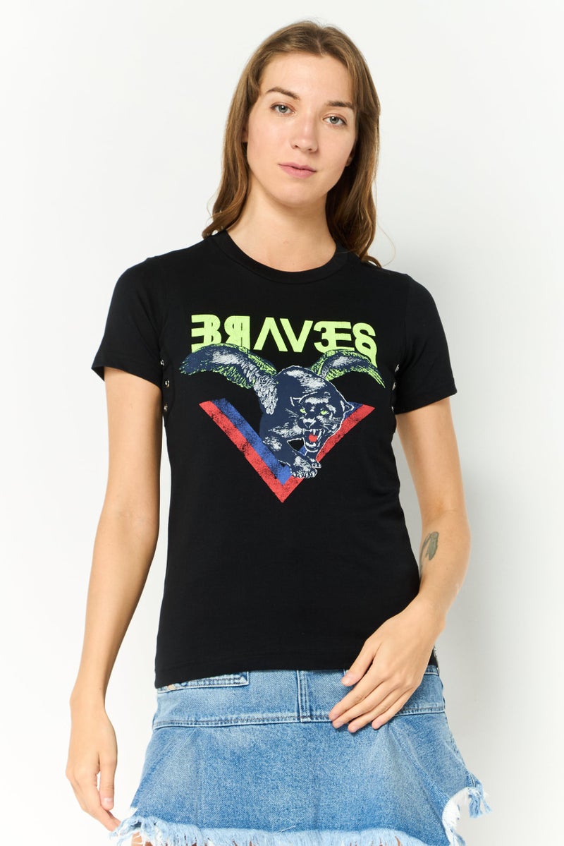 DIESEL تي شيرت نسائي بأكمام قصيرة وطوق دائري بطباعة جرافيك، أسود - Image 1