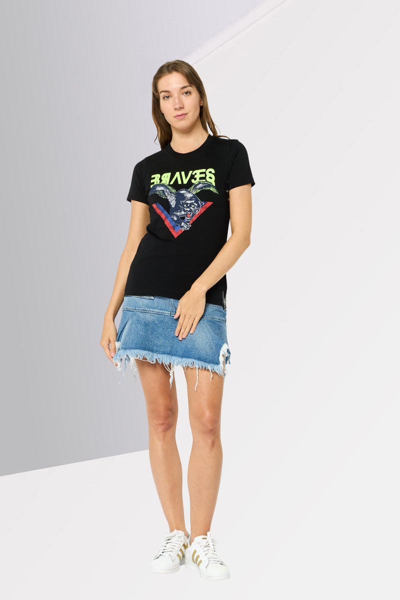 DIESEL تي شيرت نسائي بأكمام قصيرة وطوق دائري بطباعة جرافيك، أسود - Image 2