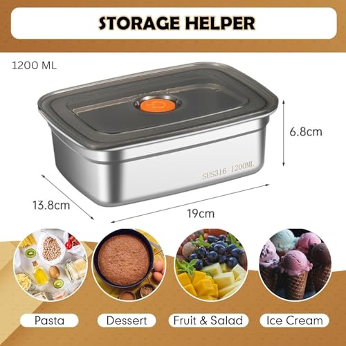 WE-CEF food storage containers leak proof & airtight lids for Kitchen SUS 316 stainless steel bowl Fridge Storage Containers 1200 ML for Food Leftover Storage microwave safe (1200 ML - 1 PCs) - Image 2