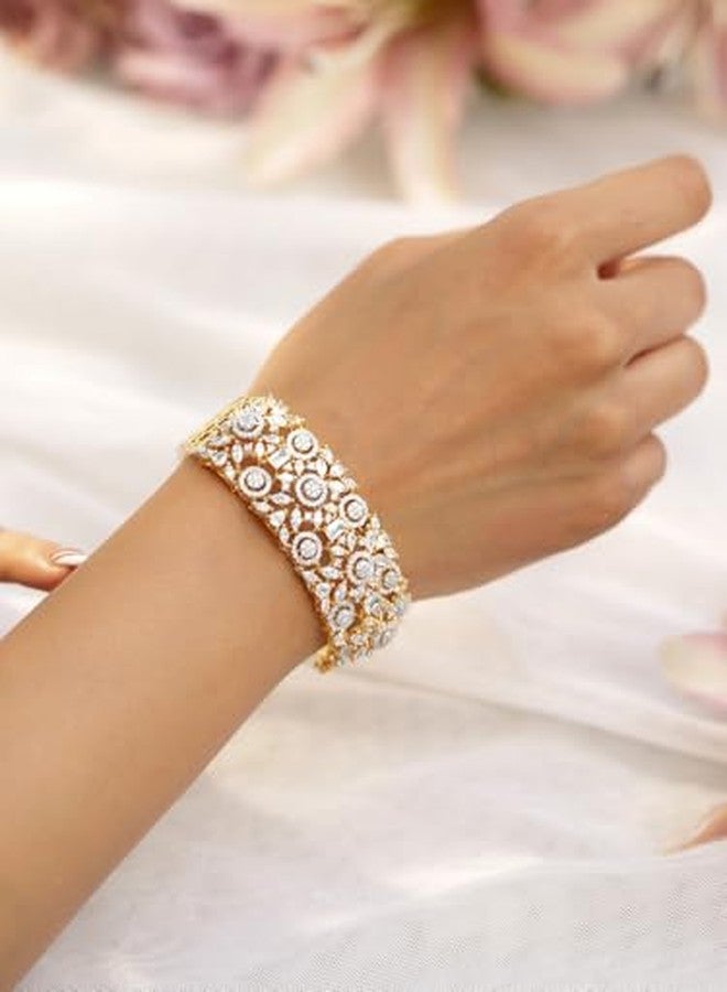 Rubans 22K Gold-Plated Cubic Zirconia Studded Floral Filigree Openable Bracelet for Women - for Weddings & Festive Occasions - Image 3