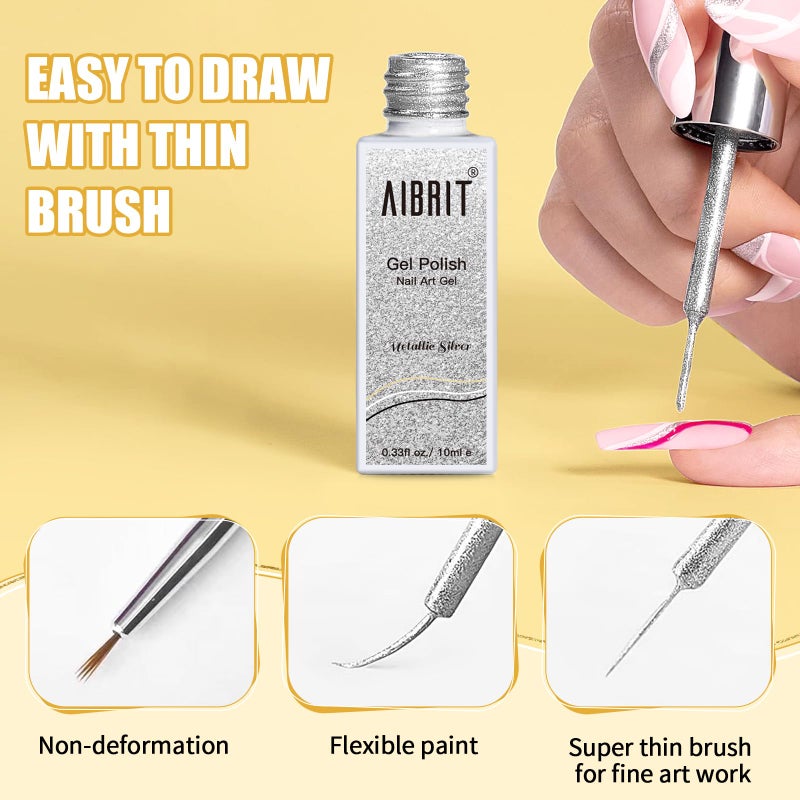 AIBRIT مجموعة طلاء الجل لاينر 10 مل، 4 ألوان أسود أبيض ذهبي فضي تصميم طلاء مع فرشاة رفيعة في زجاجة للدوامة/ يوفوريا نصائح فرنسية مانيكير الرسم DIY في المنزل - Image 3