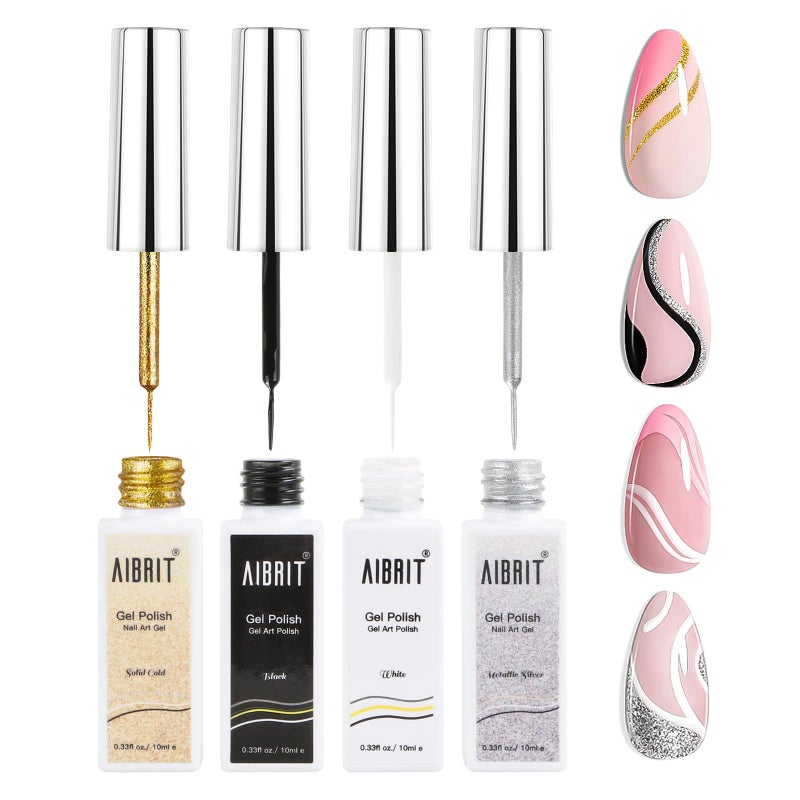 AIBRIT مجموعة طلاء الجل لاينر 10 مل، 4 ألوان أسود أبيض ذهبي فضي تصميم طلاء مع فرشاة رفيعة في زجاجة للدوامة/ يوفوريا نصائح فرنسية مانيكير الرسم DIY في المنزل - Image 1