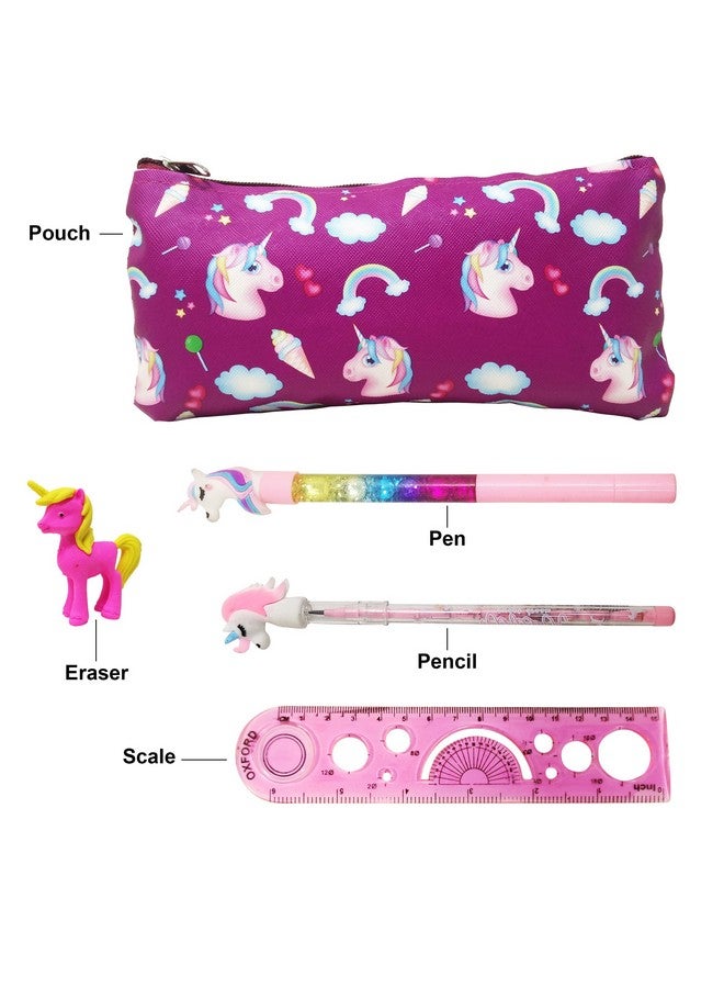 PARTEET New Unicorn Combo Pack of Stationery Set - Unicorn Pencil Pouch/Stationery Pouch/Pencil Case with Unicorn Water Pen, Unicorn Pencil,Unicorn Eraser and Scale for Kids (Pack of 5 Items) - Image 2