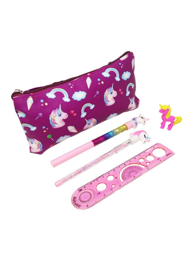 PARTEET New Unicorn Combo Pack of Stationery Set - Unicorn Pencil Pouch/Stationery Pouch/Pencil Case with Unicorn Water Pen, Unicorn Pencil,Unicorn Eraser and Scale for Kids (Pack of 5 Items) - Image 1