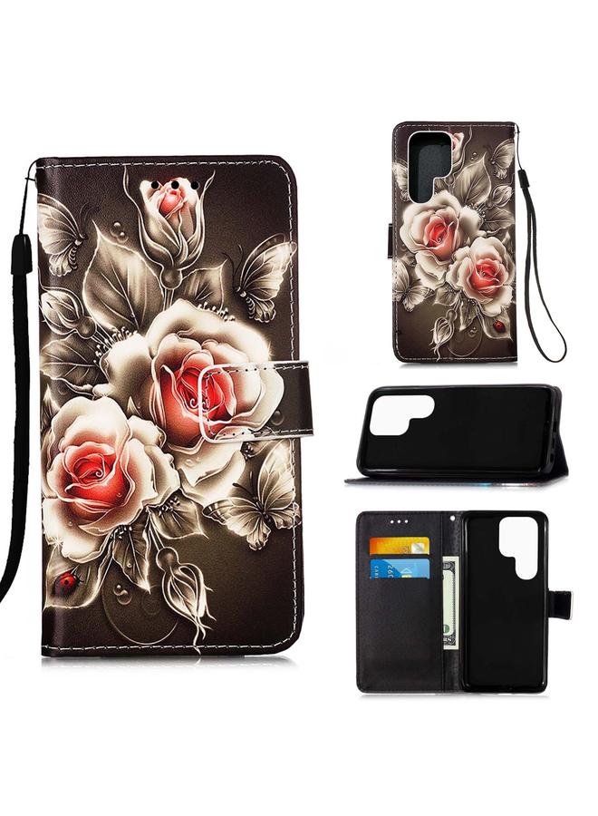 The Bros Case For Samsung Galaxy S22 Ultra 5G Colored Drawing Pattern Plain Weave Leather Phone Case with Holder & Card Slot & Wallet & Lanyard