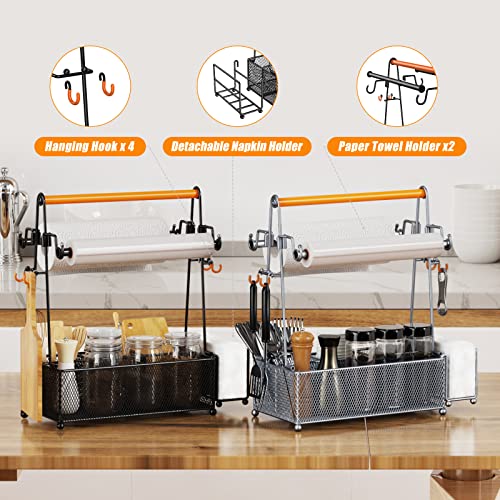 PHINOX Utensil Caddy with Handle and Paper Towel Roll Holders, Silverware and Condiment Caddy for Party, Picnic and Camping, Black - Image 3