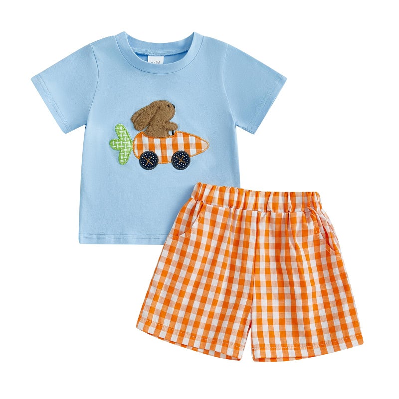 JLKGICF Toddler Boy Easter Outfit Bunny Embroidery Short Sleeve T-shirt Plaid Elastic Waist Shorts Baby Boy Summer Clothes (Orange Bunny Embroidery, 3-4T) - Image 1