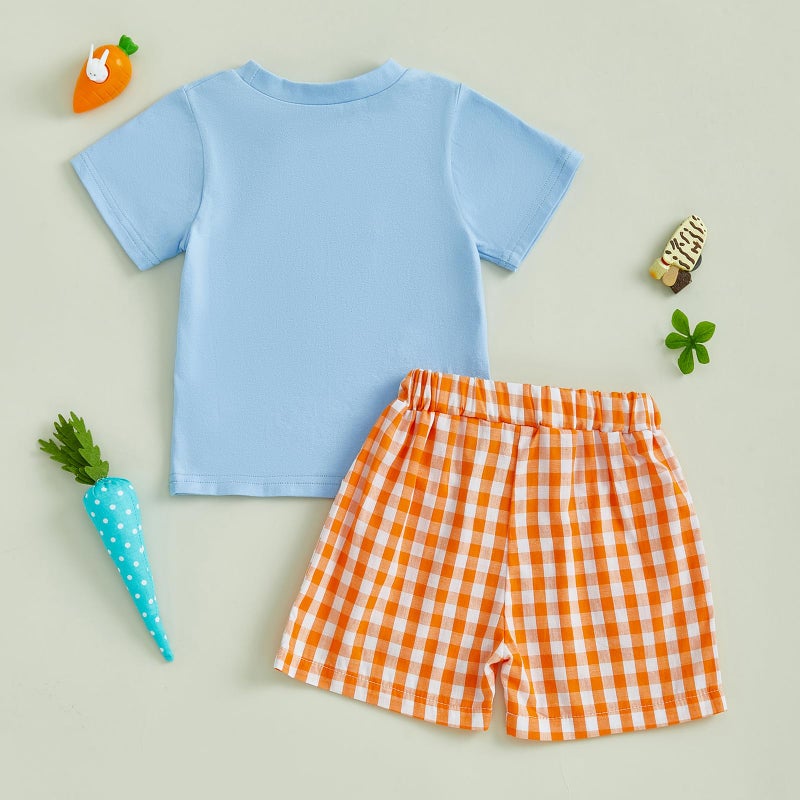 JLKGICF Toddler Boy Easter Outfit Bunny Embroidery Short Sleeve T-shirt Plaid Elastic Waist Shorts Baby Boy Summer Clothes (Orange Bunny Embroidery, 3-4T) - Image 3