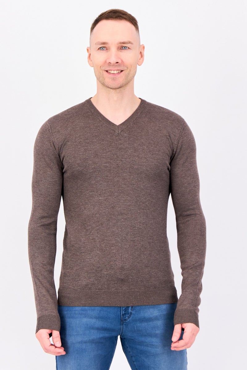 Sorbino Men V Neck Knitted Long Sleeve Sweater, Dark Brown - Image 1
