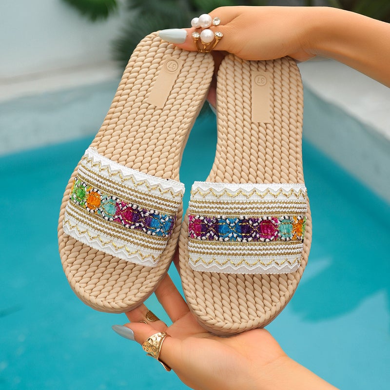 New Style Thick-Soled Large-Size Shoes, Ethnic Style Casual Flat Sandals, Hemp Rope Sole Open-Toe Slip-Ons - Image 1