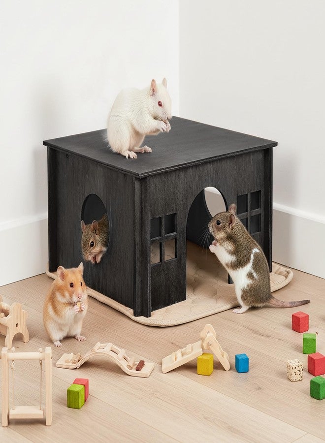 OFIDELITY Black Guinea Pig Hideout and Hideouts, Wooden Guinea Pig House with Cushion, Lovely Chinchilla House with Windows, Large Hamster House Hideout for Hamsters Small Bunny Chinchillas Playing Hiding - Image 1