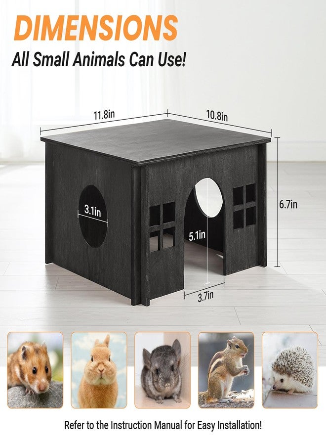 OFIDELITY Black Guinea Pig Hideout and Hideouts, Wooden Guinea Pig House with Cushion, Lovely Chinchilla House with Windows, Large Hamster House Hideout for Hamsters Small Bunny Chinchillas Playing Hiding - Image 5