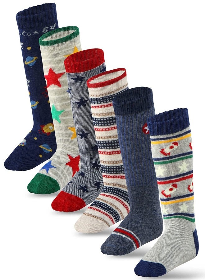 Cottock 6 Pairs Toddler Boy Non Slip Grip Knee High Cotton Socks, Baby Boys Anti Skid Long Socks for Kids, 6 Pairs B, 5-7 Years - Image 1