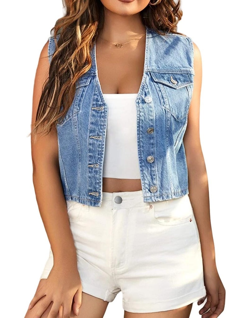 LifeShe Women's Cropped Denim Vest Top Casual V Neck Button Down Sleeveless Jean Jacket Waistcoat - Image 1