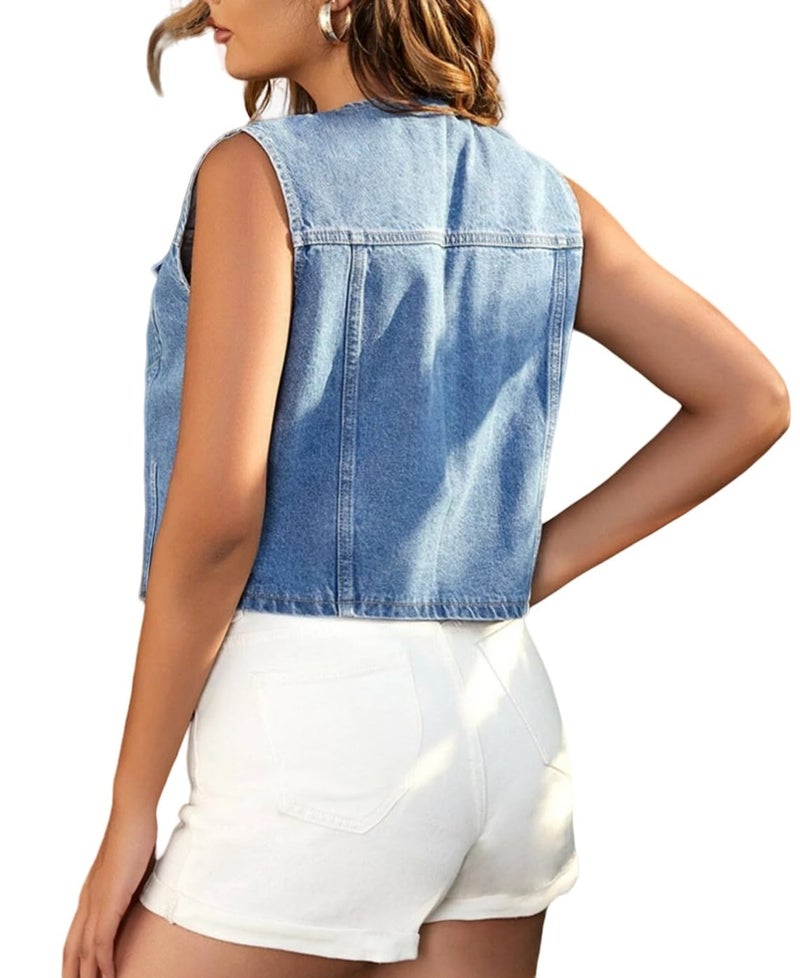 LifeShe Women's Cropped Denim Vest Top Casual V Neck Button Down Sleeveless Jean Jacket Waistcoat - Image 2