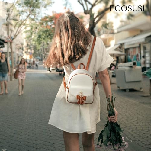 ECOSUSI Mini Backpack for Women Girls Cute Bowknot Small Backpack Purse Ladies Leather Bookbag Satchel Bag, with Charm Tassel White＆Brown - Image 2