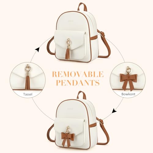 ECOSUSI Mini Backpack for Women Girls Cute Bowknot Small Backpack Purse Ladies Leather Bookbag Satchel Bag, with Charm Tassel White＆Brown - Image 4