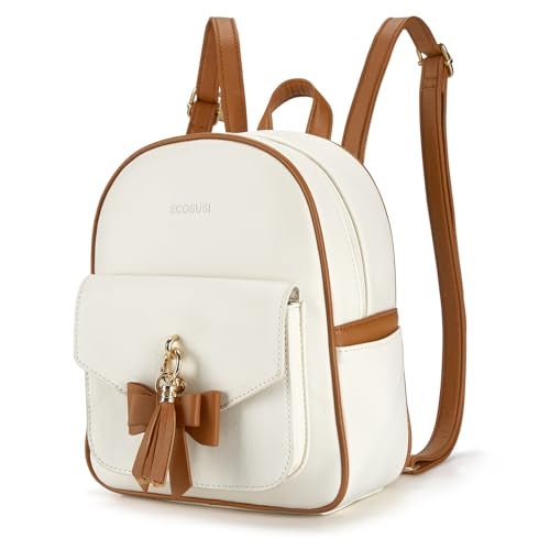 ECOSUSI Mini Backpack for Women Girls Cute Bowknot Small Backpack Purse Ladies Leather Bookbag Satchel Bag, with Charm Tassel White＆Brown - Image 1