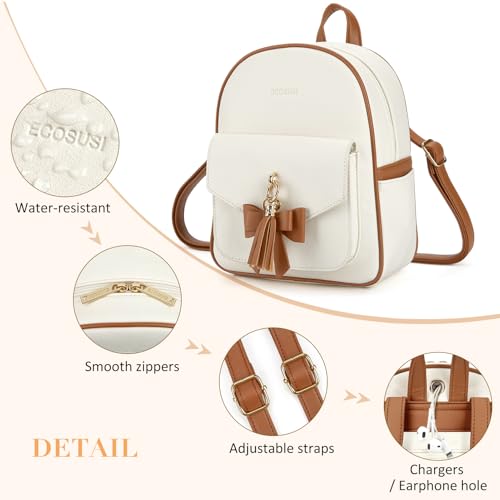 ECOSUSI Mini Backpack for Women Girls Cute Bowknot Small Backpack Purse Ladies Leather Bookbag Satchel Bag, with Charm Tassel White＆Brown - Image 5