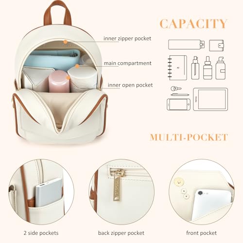 ECOSUSI Mini Backpack for Women Girls Cute Bowknot Small Backpack Purse Ladies Leather Bookbag Satchel Bag, with Charm Tassel White＆Brown - Image 3