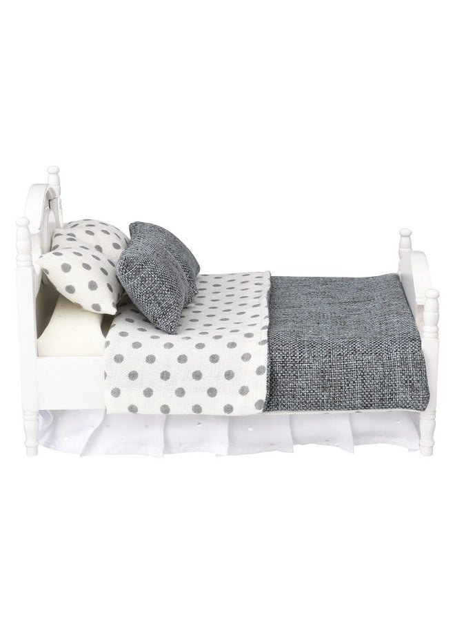 Inusitus - Dollhouse Furniture Mini Bed Set Realistic Bedroom Accessories For 6 Inch Dolls Decorative Grey Bedspread & Pillows White Wooden Frame 1/12 Scale - Image 1