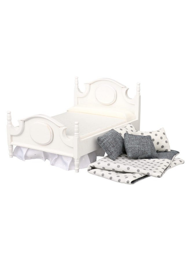 Inusitus - Dollhouse Furniture Mini Bed Set Realistic Bedroom Accessories For 6 Inch Dolls Decorative Grey Bedspread & Pillows White Wooden Frame 1/12 Scale - Image 1