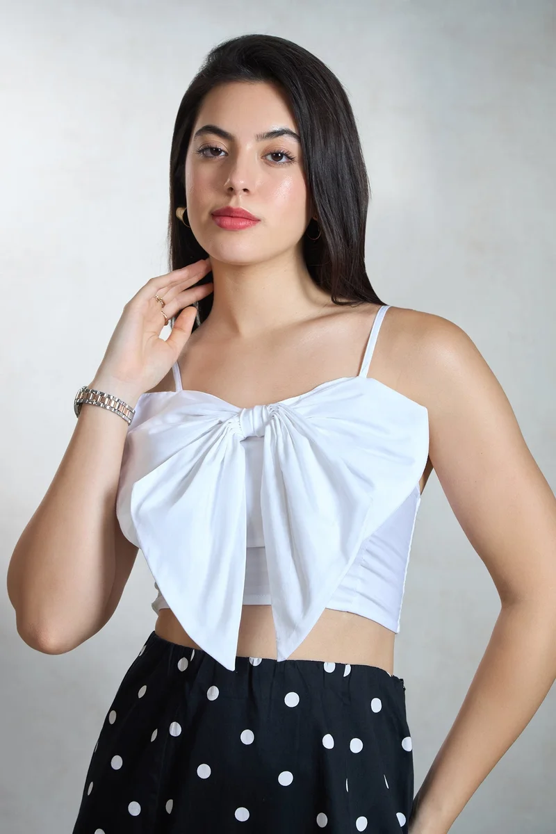 Solid Cotton Stretch Big Bow Crop Top for Women