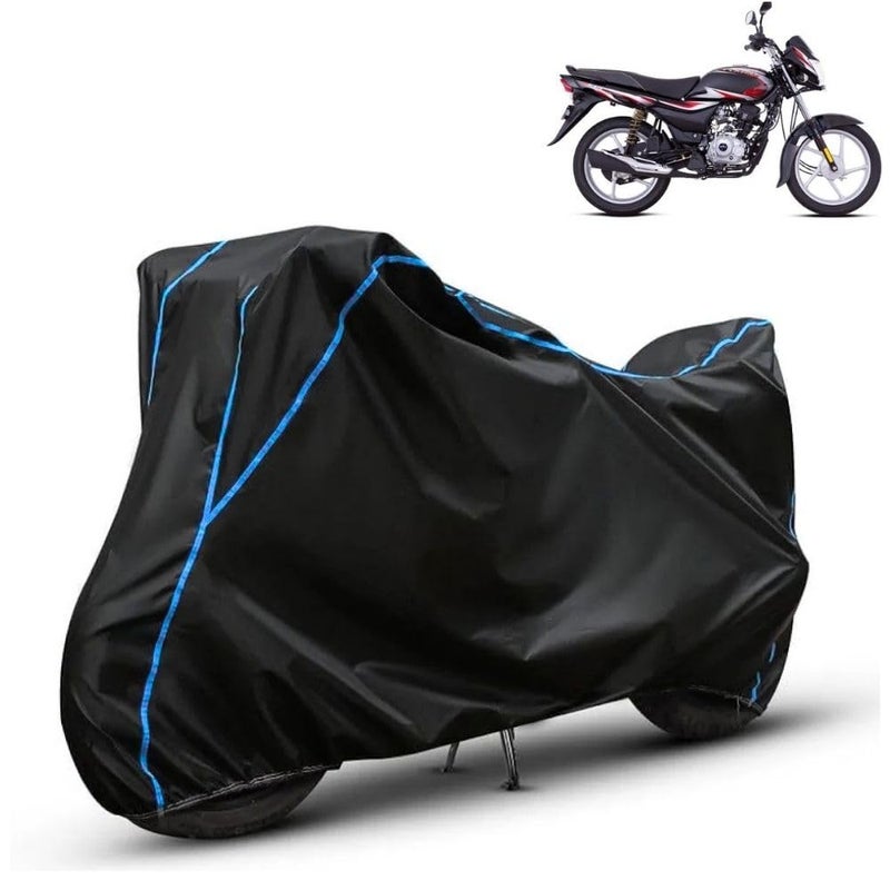 FAVY Water Resistant Bike Cover Compatible with Bajaj Platina 100, Rain, UV, Dust and Scratch Proof, All-Weather Proof Full Body Bike Cover, Black with Blue Piping, Triple Stitched with Elastic Bottom - Image 1