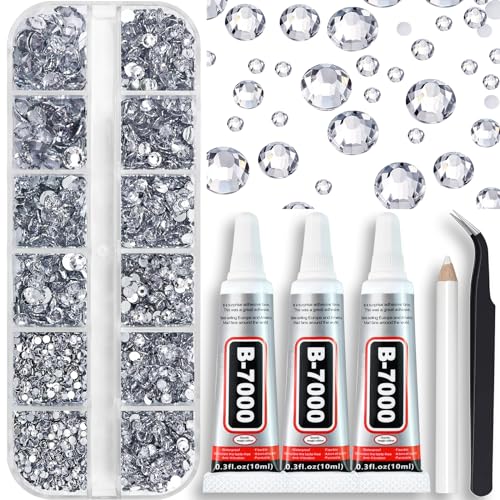 Towenm B7000 Clear Glue with 4000PCS Silver Clear Rhinestones for Crafts Clothing Fabric Shoes, Glue Fix Flatback Gems for Nails Face Jewelry, Mixed 5 Sizes 2mm 3mm 4mm 5mm 6mm Gemstones Bejeweled Kit - Image 1