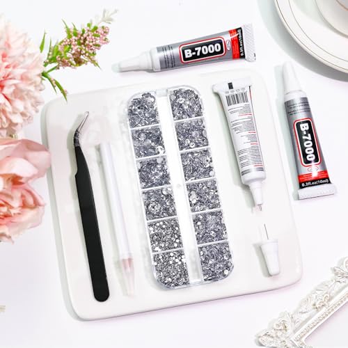 Towenm B7000 Clear Glue with 4000PCS Silver Clear Rhinestones for Crafts Clothing Fabric Shoes, Glue Fix Flatback Gems for Nails Face Jewelry, Mixed 5 Sizes 2mm 3mm 4mm 5mm 6mm Gemstones Bejeweled Kit - Image 3
