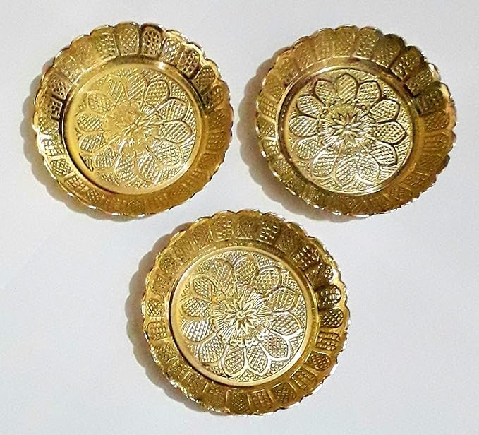 A & S VENTURES A&S Ventures Small Size Yellow Pure Brass Plate Prasad Plate for Puja | Diwali | Bhog Thali with Beautiful Flower Embossed Design (Size 3.6 inches) Set of 3pcs - Image 2